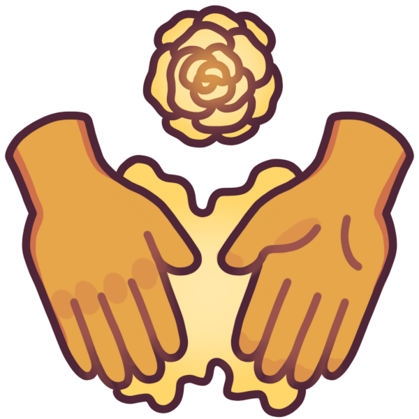 two hands held near each other, connected by a yellow blob, with a yellow rose above them.